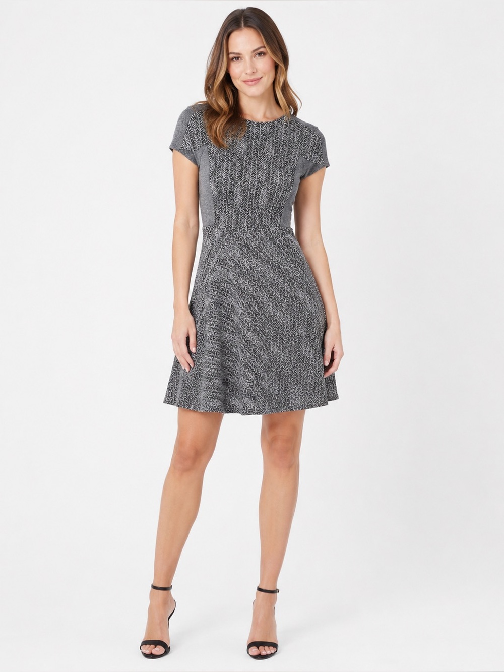 Stella McCartney Herringbone Tweed Knit Fit Flare Dress Gray Black IT 36 XS